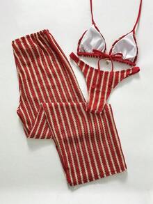 Swim Chiccia Conjunto de bikini a rayas sexy para mujer con pantalones, nueva llegada de trajes de baño para mujer 2026, adecuado para la escuela, vacaciones, citas, té de la tarde, estilo occidental, cruceros, playa, isla, viajes por carretera, todas las estaciones, festivales de música, vacaciones bohemias, vacaciones bohemias, otoño relajado, estilo occidental bohemio, blusas elegantes para mujer - Rojo - Ver 2