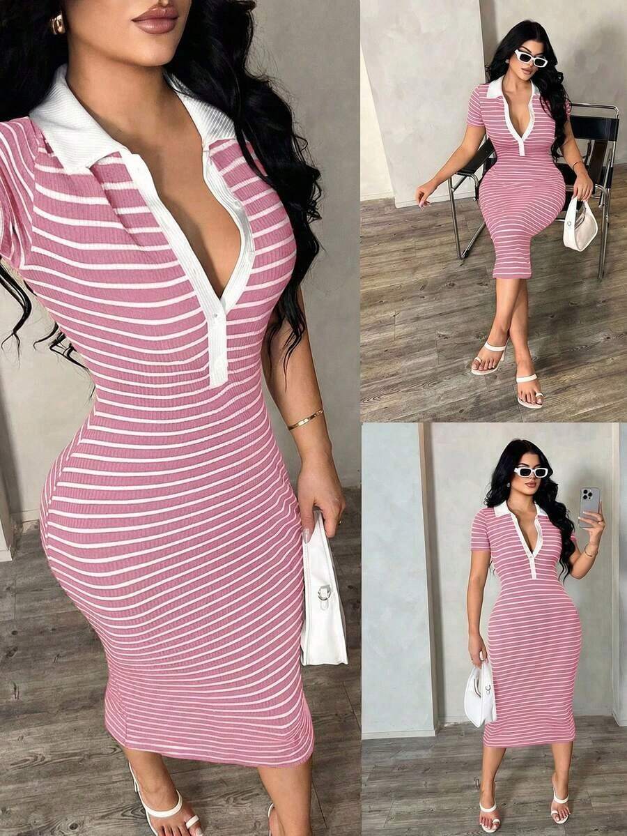 Vestido polo de manga corta a rayas blanco y negro de estilo minimalista y casual para ir al trabajo, vestido de punto de media longitud con ajuste ceñido y gran elasticidad, vestido elegante francés - Rosa - Ver 1