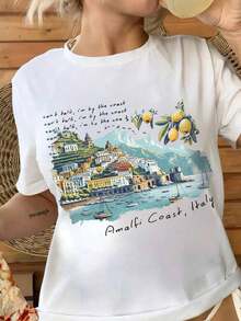 Camiseta holgada y cómoda de manga corta para uso diario y casual, Camisa de la de Amalfi, Camiseta de viaje a Italia, Camiseta de viaje a la de Amalfi para chicas de Italia, Camiseta de Positano Italia, Camiseta recuerdo de vacaciones en Italia, Parte superior de Amalfi con diseño de verano vintage, Blusas adorables, Adecuada para uso diario y casual, Usar para fiestas, Apropiada como regalo - Blanco - Ver 2