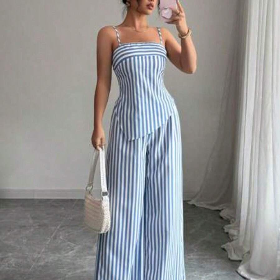 Women's Striped Asymmetric Hem Camisole Top And Wide Leg Pants Casual 2 Pieces Set - Azul - Ver 1