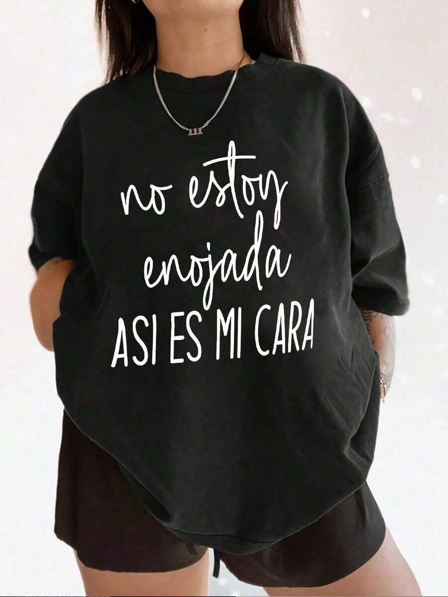 Playera informal de verano para mujer con estampado de humor, cuello redondo, manga corta, 100 % algodón, 220 g de algodón grueso.Pure-Cotton - Negro - Ver 1