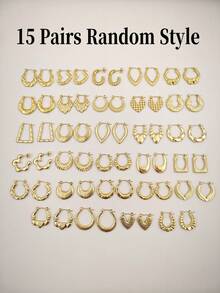 1/5/10/15 Pairs Minimalist Elegant Gold Tone Earring Set, Unique Design Daily Personalized C-Shape, U-Shape, Hoop, Heart, Asymmetrical Geometric, Smooth, Textured Earrings, Assorted Styles Random Mix - Gold - View 12