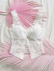 Top casual de mujer con bordado de ojales, adecuado para vacaciones, fiestas, té de la tarde, playa, citas, verano - Blanco - Ver 3