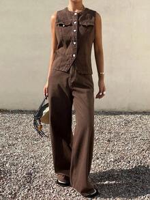 Conjunto de top ajustado de cuello redondo sin mangas y jeans de corte holgado para mujer - Marrón - Ver 7