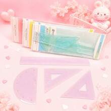 Kit Régua Escolar 4 Peças Jelly Color Transparente Kawaii Matemática Geometria - Conjuntos - Visão 6