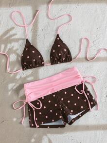 Conjunto de 2 piezas para mujer 2026, nuevo conjunto de top halter sin espalda con estampado aleatorio de rayas y shorts con lazo lateral para primavera/verano, elegante y sexy conjunto de bikini de moda para playa y resort - Rosa - Ver 3