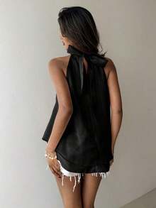 Camiseta sin mangas de gasa con cuello halter, fruncida y con línea A, de estilo bohemio minimalista y sexy, color morado berenjena, para primavera/verano - Negro 2 - Ver 2
