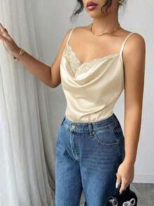 Camiseta de satén asimétrica elegante y sexy con dobladillo de encaje para mujer - Albaricoque - Ver 3