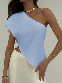Blusa de cuello asymmétrico de unicolor para mujer, de moda para el verano - Azul - Ver 1