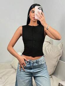 Blusa sin mangas casual con textura de un solo color y botones delanteros - Negro 2 - Ver 6