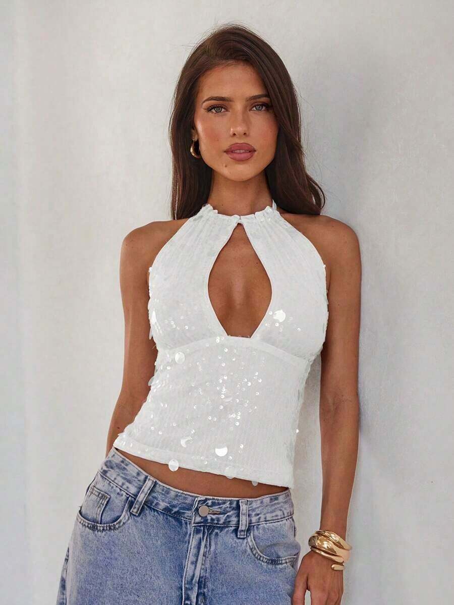 Nuevo camisol de tirantes finos con espalda descubierta y lentejuelas rosas para mujer, elegante y sexy, ideal para el Día de San Valentín, fiestas y viajes - Blanco - Ver 1