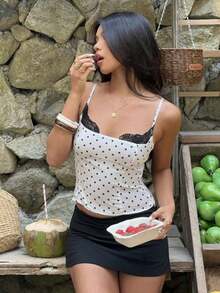 Camiseta ajustada con cuello de encaje negro, estampado de lunares blanco y negro para mujer - Blanco y Negro 2 - Ver 7
