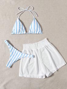 3 piezas de bikini - Bottom a rayas azul y blanco, shorts de cubrir blancos, ropa de playa casual para vacaciones de primavera/verano, fiesta en la playa - Azul y blanco - Ver 3
