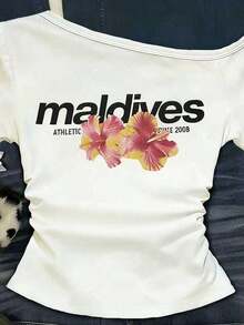 Camiseta casual de mujer con hombro asimétrico y mangas cortas a rayas - Multicolor 2 - Ver 3