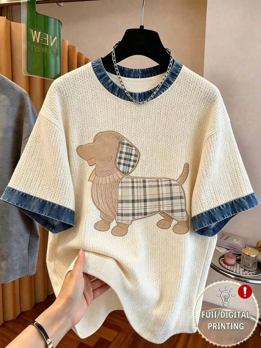 Camiseta de mujer con paneles de imitación de denim a rayas / Estampado de Dachshund / Uso diario casual / Verano - Multicolor 11 - Ver 1