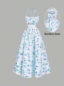 Vestido de mujer con estampado floral y cuello halter con lazo, de moda para citas y fiestas - Azul menta - Ver 4
