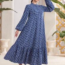 Najma Women Spring Casual Vacation Lantern Sleeves Loose Dress With Floral Print, Ruffle Hem And Small Flower Print, Modest - Rosa vieja - Ver 3