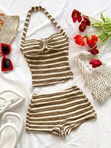 Conjunto Casual de 2 Piezas para Mujer: Top Halter a Rayas y Shorts para Vacaciones - Caqui - Ver 4