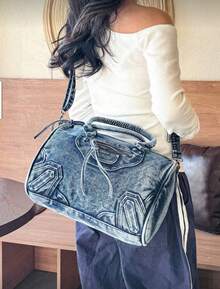 New Vintage Washed Denim Crossbody Bag, Casual Y2K Style Shoulder Bag, Dual Handle Tote Bag, Compact Design With Large Capacity, Suitable For Work Commute, Shopping, Travel And Back To School, Fashionable Street Style Bag, Medium Size Denim Crossbody Bag, Perfectly Fits Denim Girl Style - 藍色 - 查看 2