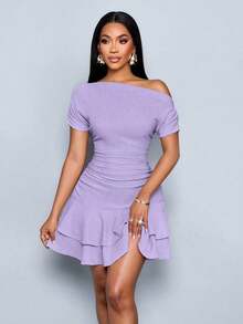 Vestido mini con mangas largas, cuello asimétrico, doble volante y pliegues en color albaricoque elegante para fiesta y día en tejido de punto - Púrpura malva - Ver 3
