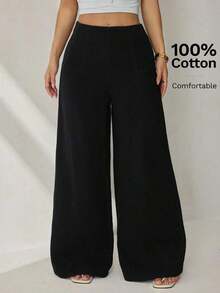 Pantalones anchos de cintura alta con textura, moda casual sencilla para la temporada de vuelta al colegio, estilo de dinero viejo para ir y venir - Negro - Ver 7