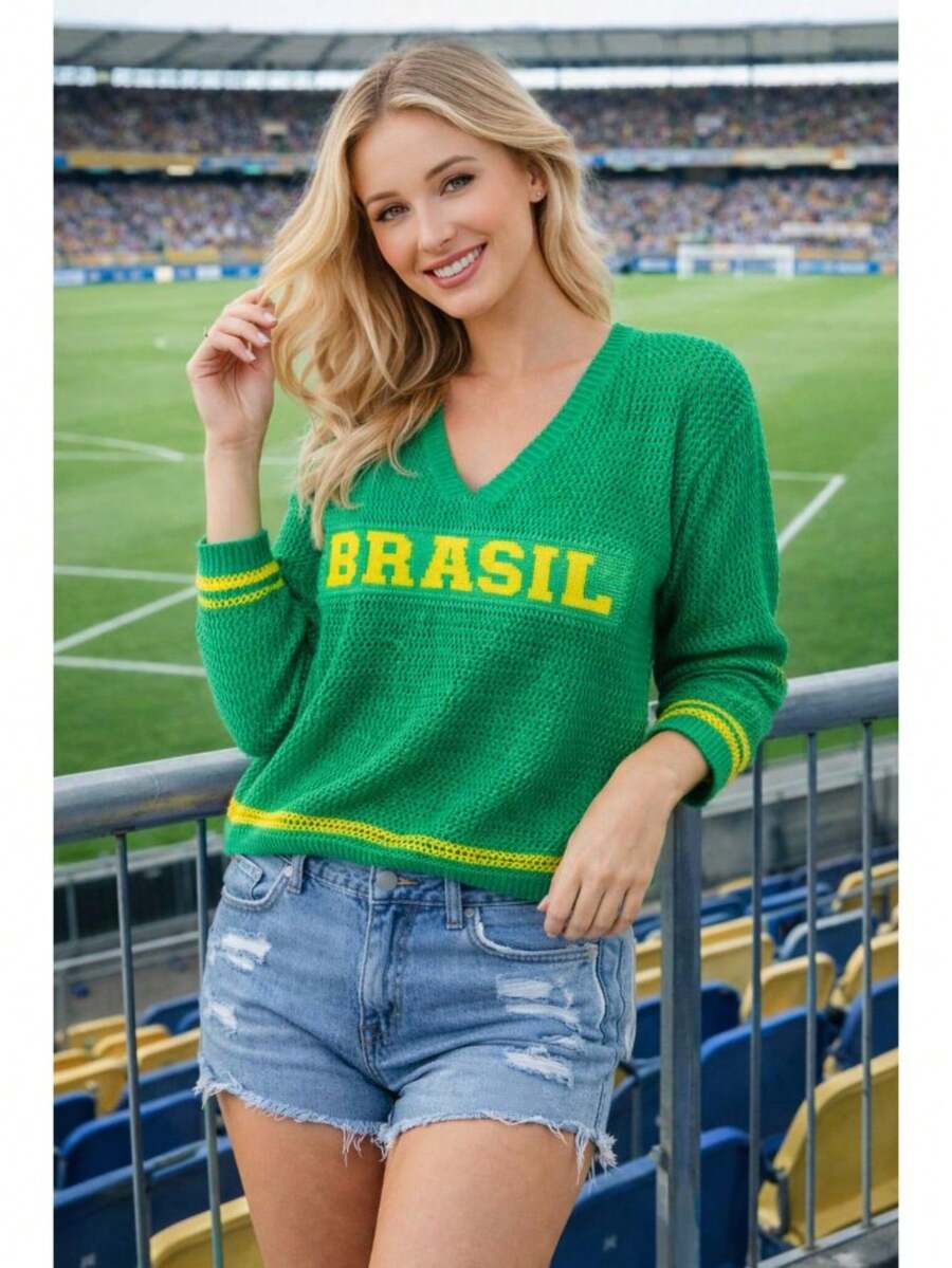 Women's Knit Blouse Brazil Cup Oversized Modal Luxury Blouse - xanh lá cây và vàng - Xem 1