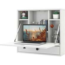 Folding Wall Table - Floating Desk With Storage Drawer & Shelves (White) - White - View 2