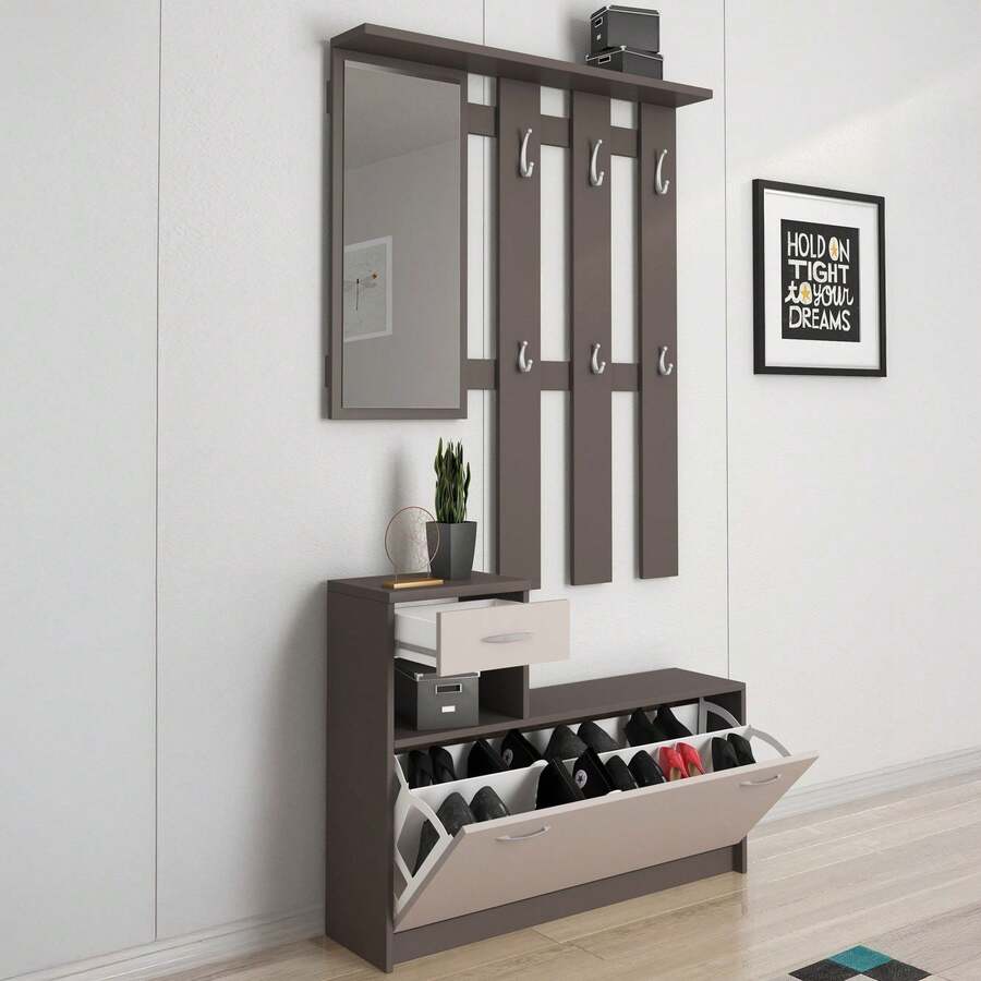 Dmora Garolfo - Mobile da Ingresso, 25.5x100x190h cm Beige, Specchio Incluso - Beige - Visualizzare 1