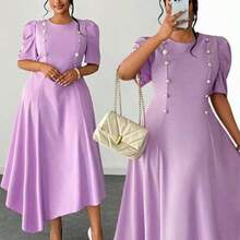 Vestido elegante de color liso con cuello redondo, manga corta, dobladillo irregular, manga abullonada, dobladillo de pañuelo, cintura ceñida, con acento de hebilla de metal, adecuado para vacaciones, informal, viajes diarios, diseño de moda, talla pequeña a grande, vestido largo largo Vestido lavanda para mujer Vestido elegante morado Mujer - Púrpura - Ver 1