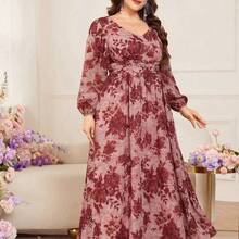 Vestido midi acampanado de manga larga de gasa con estampado floral romántico, corte regular, talla grande, tela de otoño primavera/verano para mujer - Multicolor - Ver 10