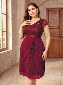 Plus Size Sequin Lace V-Neck Patchwork Ruffle Hem Chiffon Cocktail Party Swing Dress, Suitable For Weddings, Formal Dinners, Graduations, Homecoming Red - Red - View 7