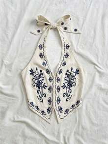 Top corto para mujer estilo bohemio sin mangas con diseño de espalda de tirantes, cuello halter con diseño anudado y bordados florales, adecuado para festivales de música - Azul marino - Ver 6