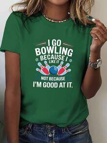 Camiseta con estampado patriótico de temática boling, de manga corta y cuello redondo, estilo casual, adecuada para verano y primavera, ropa de mujer para el verano. - Verde - Ver 1