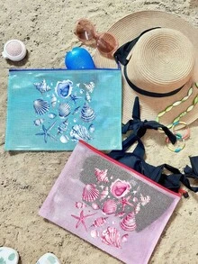 多色防水时尚网布沙滩包，印有海洋贝壳和海星图案。宁静海滩风泳衣收纳包 - 彩色 - 查看 1