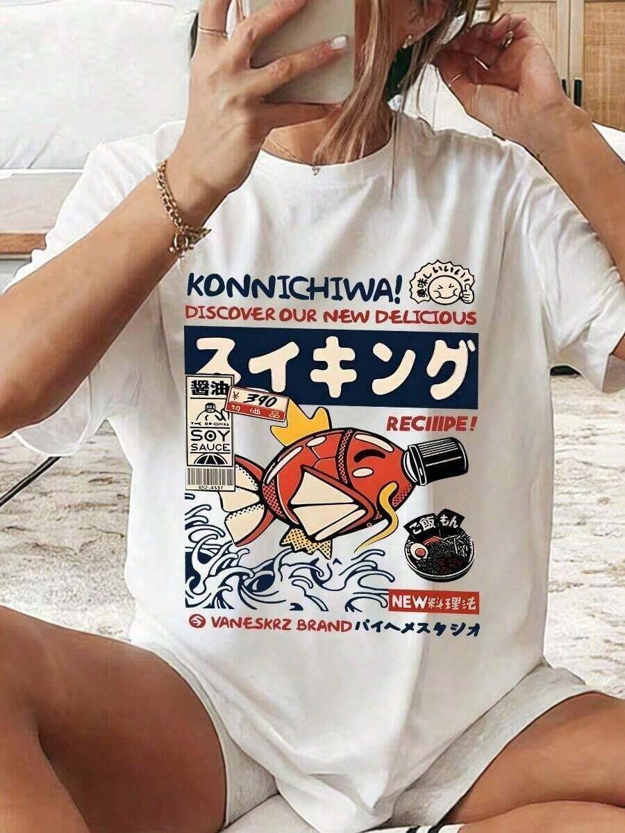 Women's Loose-Fitting Short-Sleeved T-Shirt With Japanese-Style Cartoon Print, Retro Feminine Fashion, Easy To Match For Going Out, Street Or Summer Sports - 黑色 - 查看 1