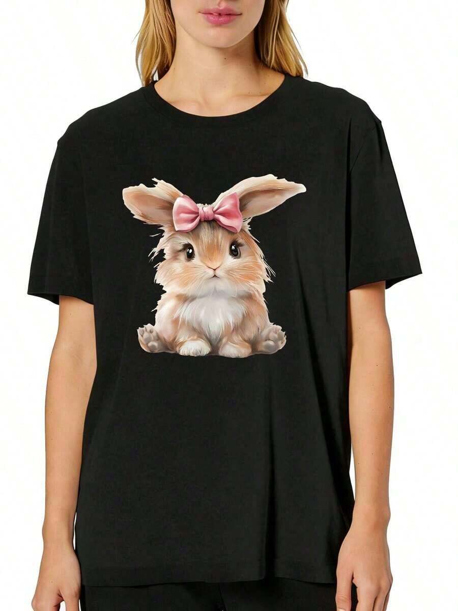 Camiseta de talla grande para mujer con estampado de conejito de Pascua, corte holgado, cuello redondo, manga corta, suave y cómoda, adecuada para mujeres, uso diario casual y regalo de cumpleaños. Transpirable y cómoda. - Negro - Ver 1