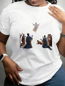 Funny Friday Print T-Shirt, Jesus Ascension Print, Biblical Scene, Women's Black Printed T-Shirt, Religious Art, Christian Faith, Fashion Top, Suitable For Christmas Parties, Sports And Other Festive Gifts, Breathable And Comfortable. - 白色 - 查看 5