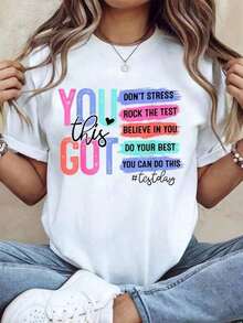 1 Cotton Graphic T-Shirt With The Phrase "You Got Test Day This Testing Day", Motivational T-Shirt For Teachers, For Exam, Short Sleeve, Round Neck, Casual Style For Summer And Spring, Women's Clothing, Y2K, Men's T-Shirt, Summer Tops, 180g, 100% Cotton. - 白色 - 查看 7