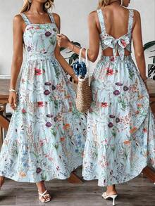 Vestido deslizante casual y elegante con diseño de cintura elástica, lazo de moño y estampado floral para vacaciones y uso diario de mujer - Azul - Ver 8