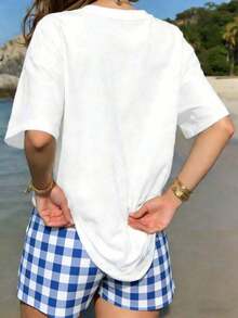 Conjunto de dos piezas de verano para mujer, shorts a rayas blancas y azules, camiseta holgada para mujer, conjunto básico talla grande vendido, con estampado de lazo - Blanco - Ver 2
