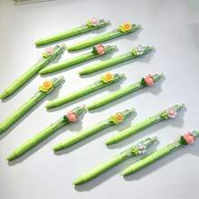5支/套 随机花头按动式圆珠笔，书写流畅，中性笔型，适合学生、考试、办公、日常使用，高品质（黑色），花卉图案按动式圆珠笔，文具礼盒套装（花卉配件随机） - 綠色系筆 - 查看 10
