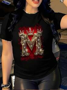 Camiseta de algodón con diseño de corona M elegante estampado gráfico ajustado perfecta para fiesta y salidas casuales color negro estilo juvenil últimas  moda femenina. - Negro - Ver 8