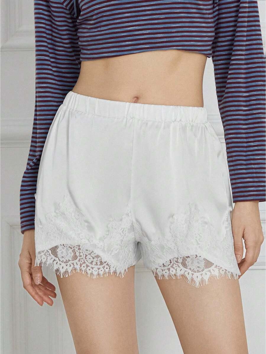 Summer Satin Mini Shorts With Lace Ruffles And Casual Shorts For Women At The Beach - White - View 1