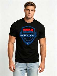 1 Piece Of USA Basketball Jersey, White Round Neck T-Shirt, Casual Cotton T-Shirt For Daily Wear, Lightweight Summer T-Shirt, 180g 100% Cotton. - 黑色 - 查看 3