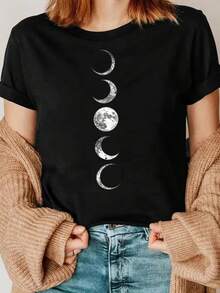 Camiseta con Estampado Lunar de Diseño Simple y Versátil - Camiseta casual de manga corta y cuello redondo para mujer, suave, de corte holgado, un artículo de moda imprescindible para primavera y verano. Camiseta de algodón. - Negro - Ver 7