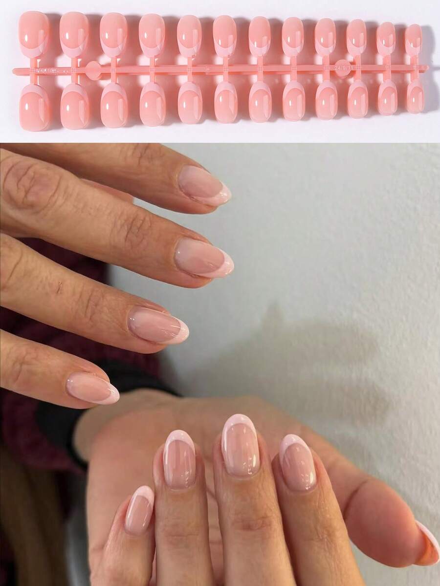 5 buc/set (120 buc) benzi de ojă cu vârfuri franceze roz gradient, vârfuri ovale scurte, mai multe stiluri DIY disponibile, unghii adezive prin presare, consumabile pentru unghii (conține 1 buc lipici jeleu și 1 buc pilă de unghii) - Multicolor - Vizualizare 1