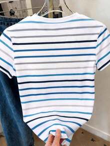Camiseta casual de mujer de cuello redondo y manga corta con estampado de letras y rayas - Multicolor 5 - Ver 2