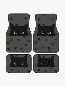 4 件套可爱黑猫汽车脚垫 - 大眼睛猫咪图案，防滑橡胶底，可水洗防水，通用型，适用于轿车、SUV，趣味内饰装饰礼品 - A - 查看 10