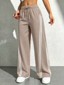 Pantalones deportivos de cintura alta con rayas laterales: pantalones deportivos holgados y de pierna ancha, ideales para el día a día en otoño; pantalones holgados y casuales de un solo color, sencillos y elegantes - Caqui - Ver 3