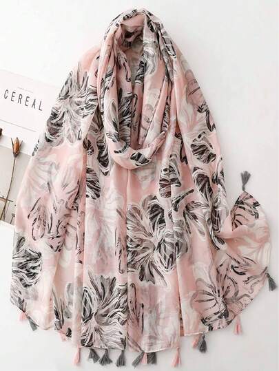 Elegant Lady Floral Print Tassel Scarf, Lightweight Floral Polyester Scarf, Suitable For All Seasons And Travel
